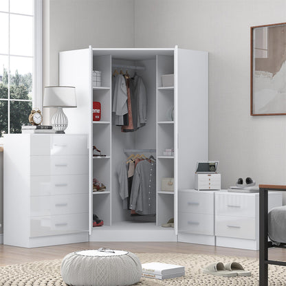 REFLECT Gloss 4pc Set - 2 Door Corner Wardrobe + 5 Draw Chest + 2 Bedsides