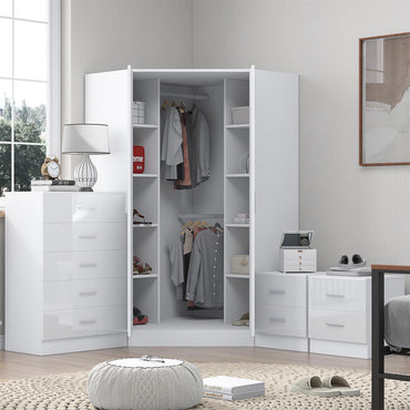 Reflect 2 Door Corner Wardrobe, 5 Drawer Chest, 2x 2 Drawer Bedsides - White Gloss & Matt White - Bedroom Furniture Set
