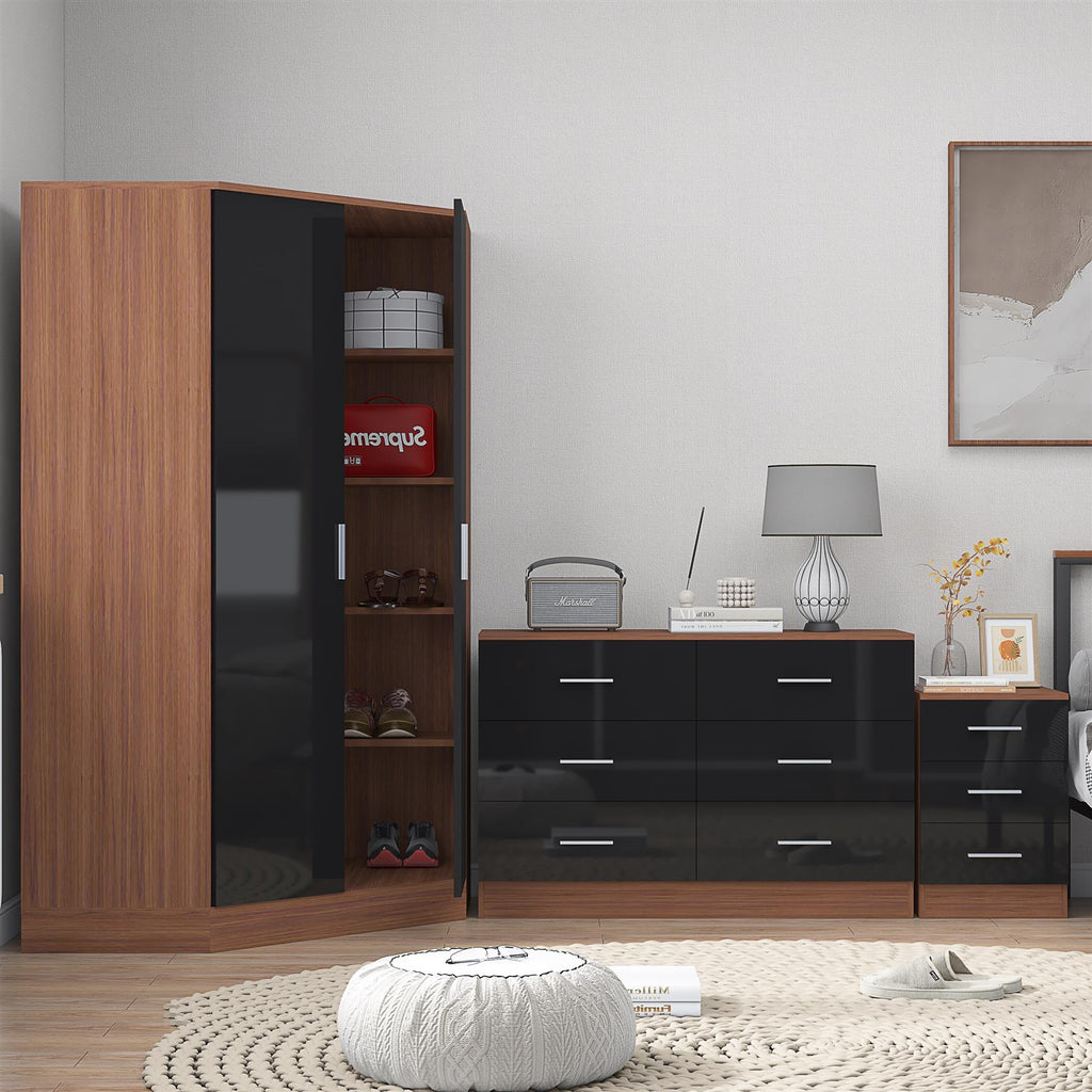 REFLECT - 2 Door CORNER + 6 Drawer Chest + 3 Drawer Bedside - Gloss Black / Matt Walnut