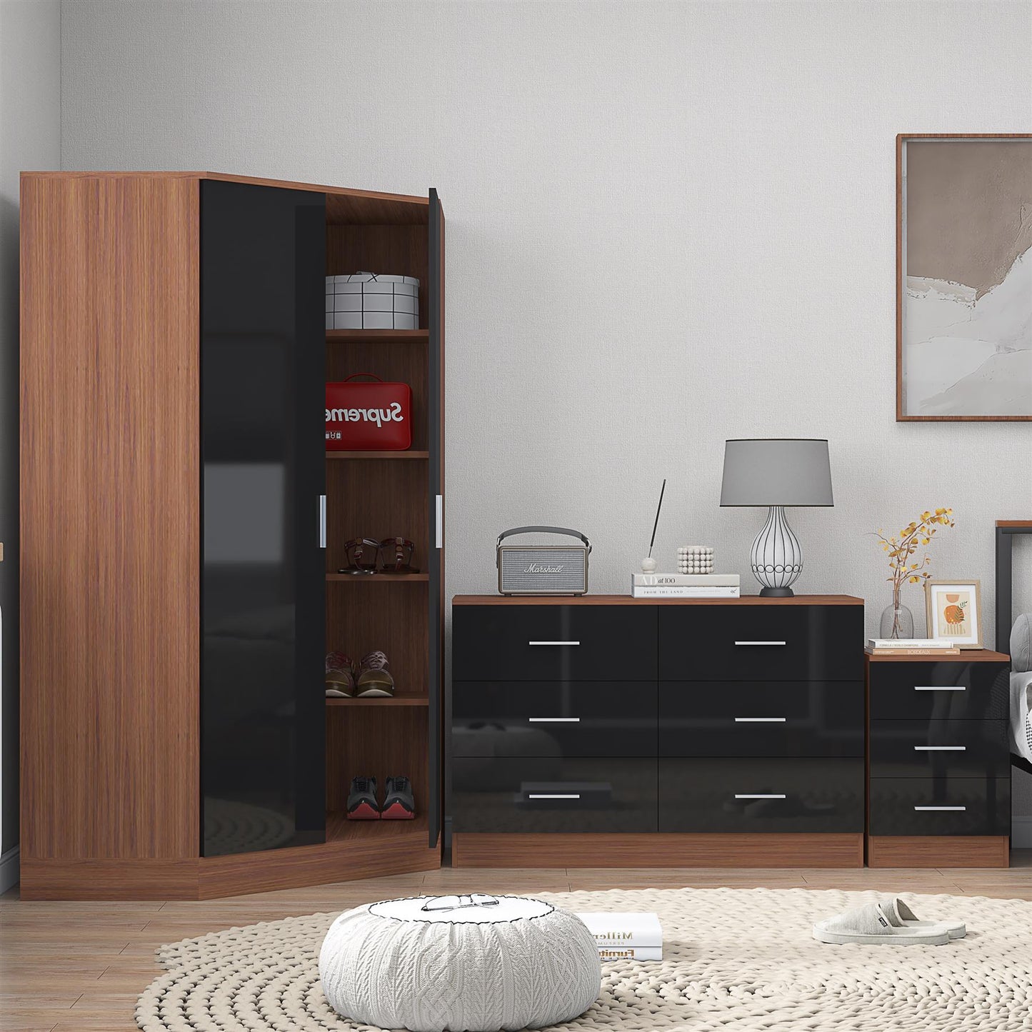 Reflect 2 Door Corner Wardrobe, 6 Drawer Chest, 3 Drawer Bedside - Black Gloss & Walnut - Bedroom Furniture Set