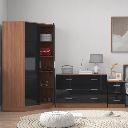 Reflect 2 Door Corner Wardrobe, 6 Drawer Chest, 3 Drawer Bedside - Black Gloss & Walnut - Bedroom Furniture Set