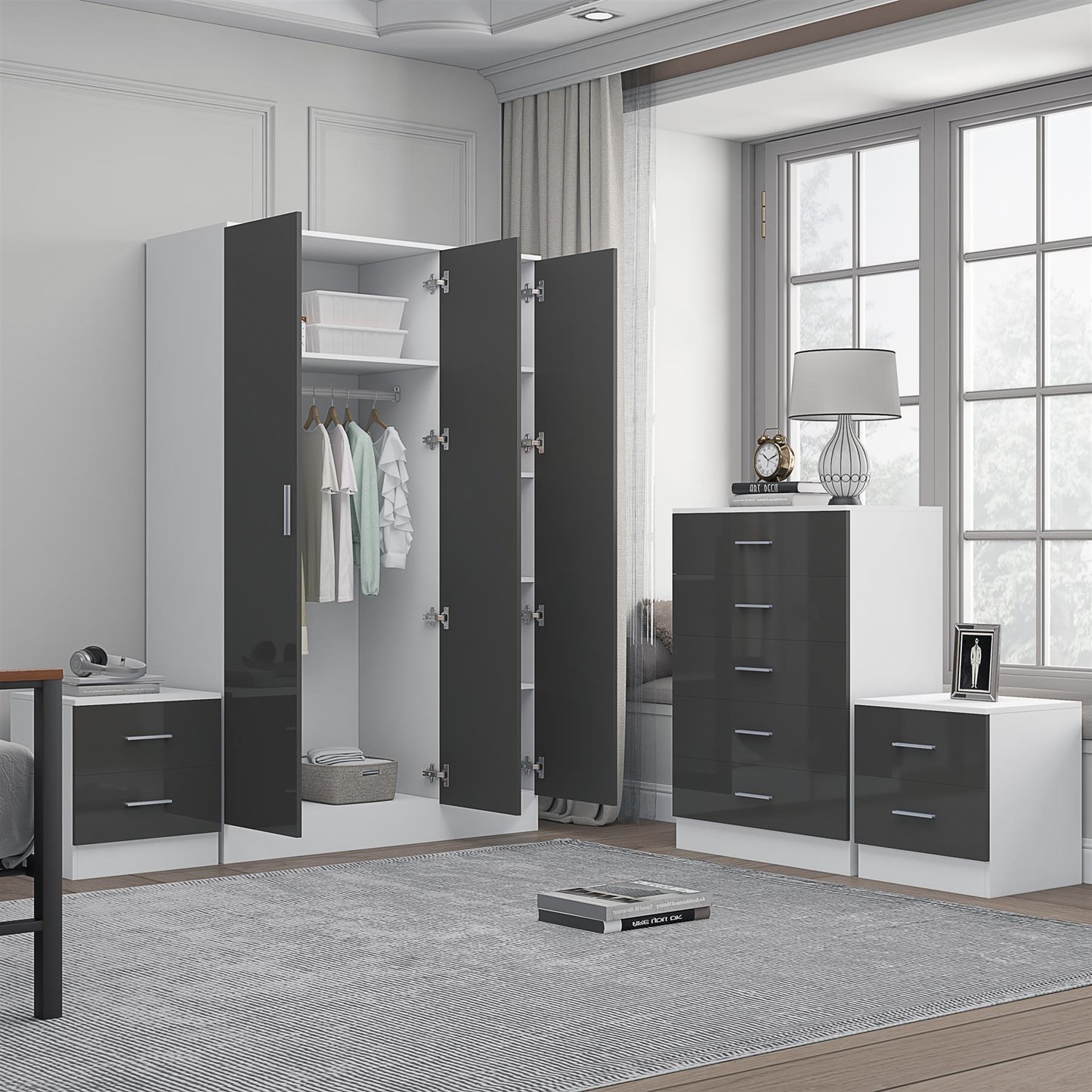 Reflect 3 Door Plain Wardrobe, 5 Drawer Chest, 2x 2 Drawer Bedsides - Grey Gloss & Matt White - Modern Bedroom Furniture Set