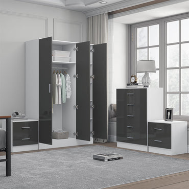 Reflect 3 Door Plain Wardrobe, 5 Drawer Chest, 2x 2 Drawer Bedsides - Grey Gloss & Matt White - Modern Bedroom Furniture Set