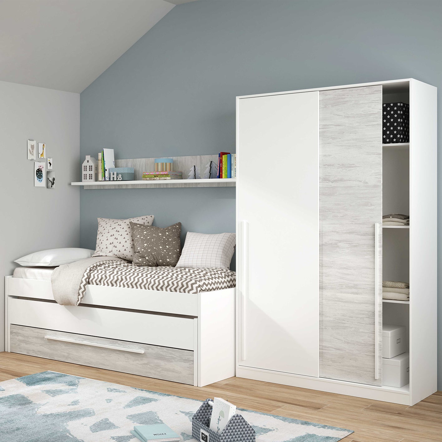 TOP 2 Door Large Modern Sliding Bedroom Wardrobe - White & Light Oak Finish