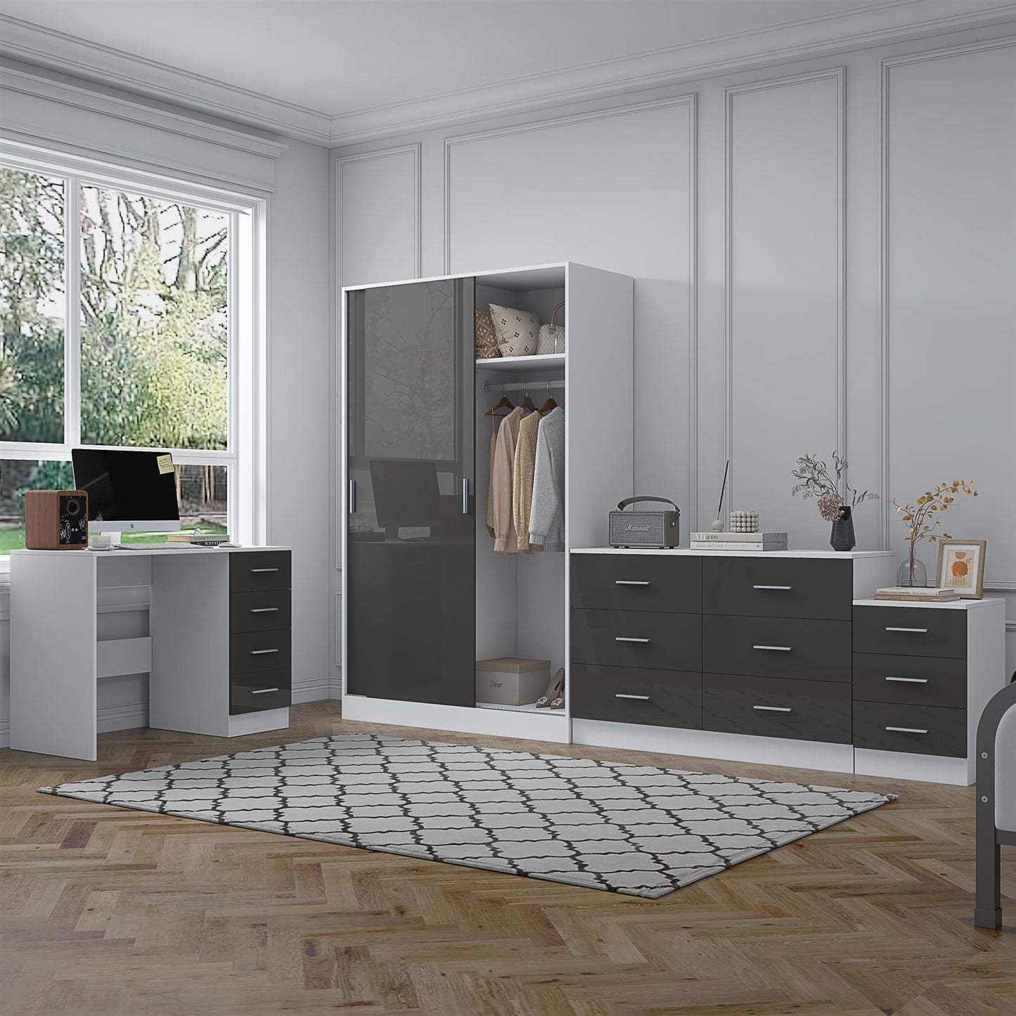 REFLECT Gloss 4pc Set - 2 Door Sliding Wardrobe + Wide Chest + Bedside + Desk