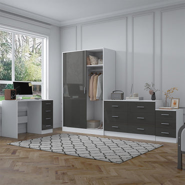 REFLECT Gloss 4pc Set - 2 Door Sliding Wardrobe + Wide Chest + Bedside + Desk