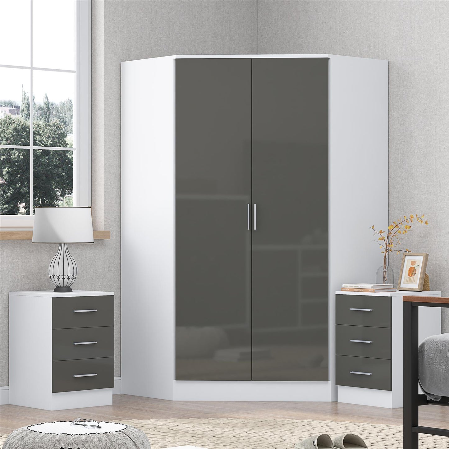 Reflect 3pc Wardrobe Bundle - 2 Door Corner + 2x 3 Drawer Bedsides - Grey Gloss & Matt White