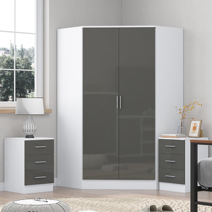 Reflect 3pc Wardrobe Bundle - 2 Door Corner + 2x 3 Drawer Bedsides - Grey Gloss & Matt White