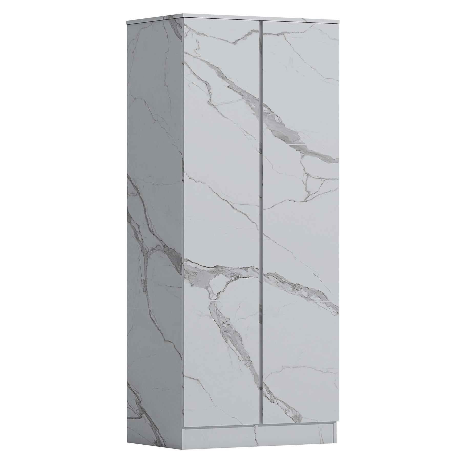 ZITA White Marble Effect 2 Door Plain Wardrobe - Bedroom Storage, Stylish and Spacious