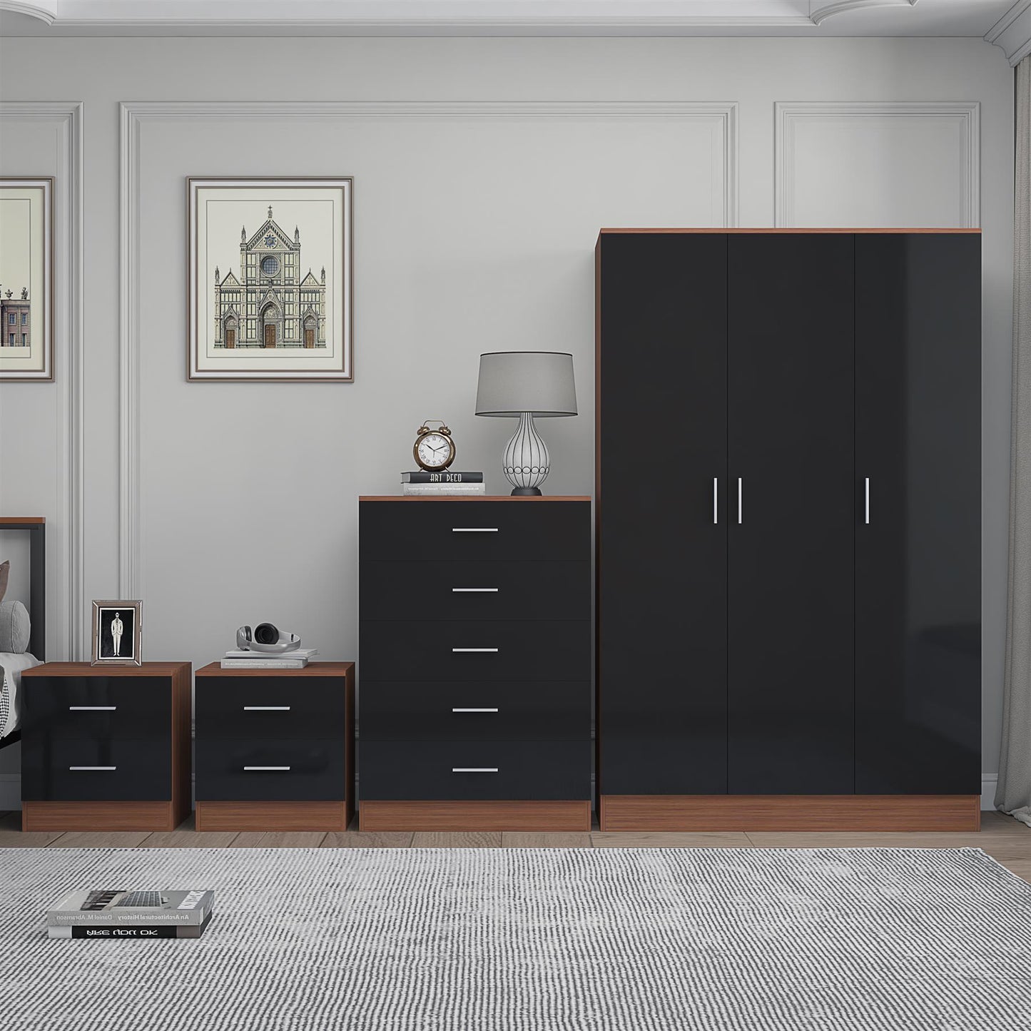 REFLECT Gloss 4pc Bedroom Set - 3 Door Wardrobe + 5 Draw Chest + 2 Bedsides