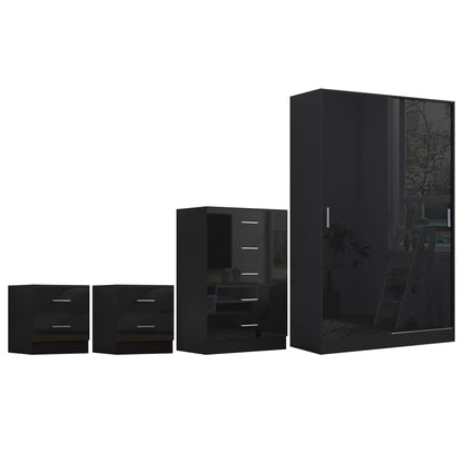 Reflect 2 Door Sliding Wardrobe, 5 Drawer Chest, 2x 2 Drawer Bedsides - Black Gloss & Black Oak - Modern Bedroom Furniture Set