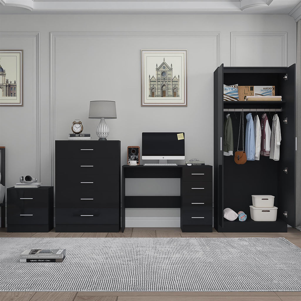 REFLECT Gloss 4pc Set - 2 Door Mirrored Wardrobe + 5 Draw Chest + Bedside + Desk