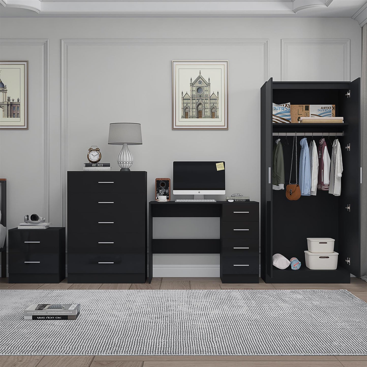 REFLECT Gloss 4pc Set - 2 Door Mirrored Wardrobe + 5 Draw Chest + Bedside + Desk