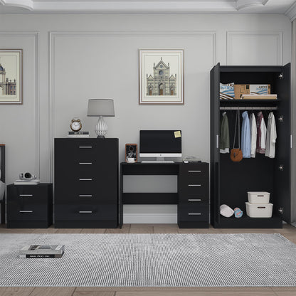 Reflect 2 Door Mirror Wardrobe, 5 Drawer Chest, 2 Drawer Bedside & Desk - Black Gloss & Black Oak - Modern Bedroom Furniture Set