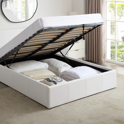 LUNA Faux Leather Gas Lift Ottoman Storage Bedframe in White with 4 Size Options