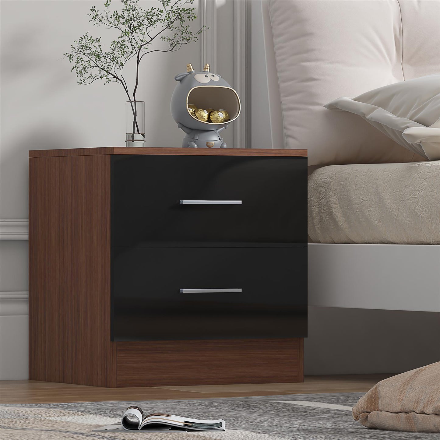Reflect 2 Drawer Bedside - Black Gloss & Walnut - Modern Nightstand for Bedroom Storage