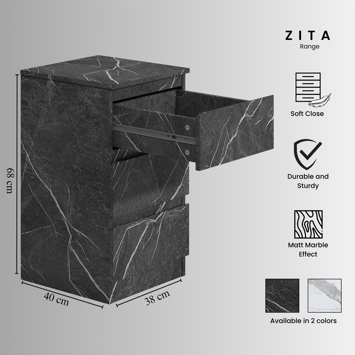 ZITA Grey Marble Effect 3 Drawer Bedside Table - Modern Nightstand, Stylish Bedroom Furniture
