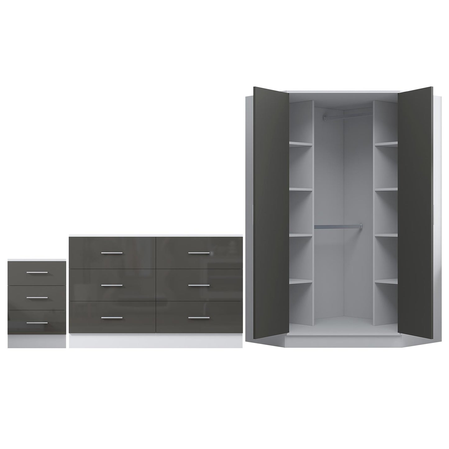 Reflect 2 Door Corner Wardrobe, 6 Drawer Chest, 3 Drawer Bedside - Grey Gloss & Matt White - Bedroom Furniture Set