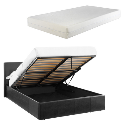 LUNA 4FT Small Double Black Ottoman Storage Bed with Gas Lift & 25cm Thick Memory Foam Mattress