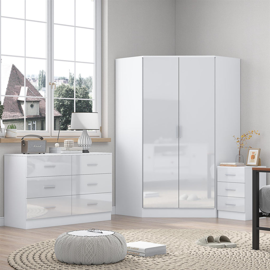 REFLECT - 2 Door CORNER + 6 Drawer Chest + 3 Drawer Bedside - Gloss White / Matt White