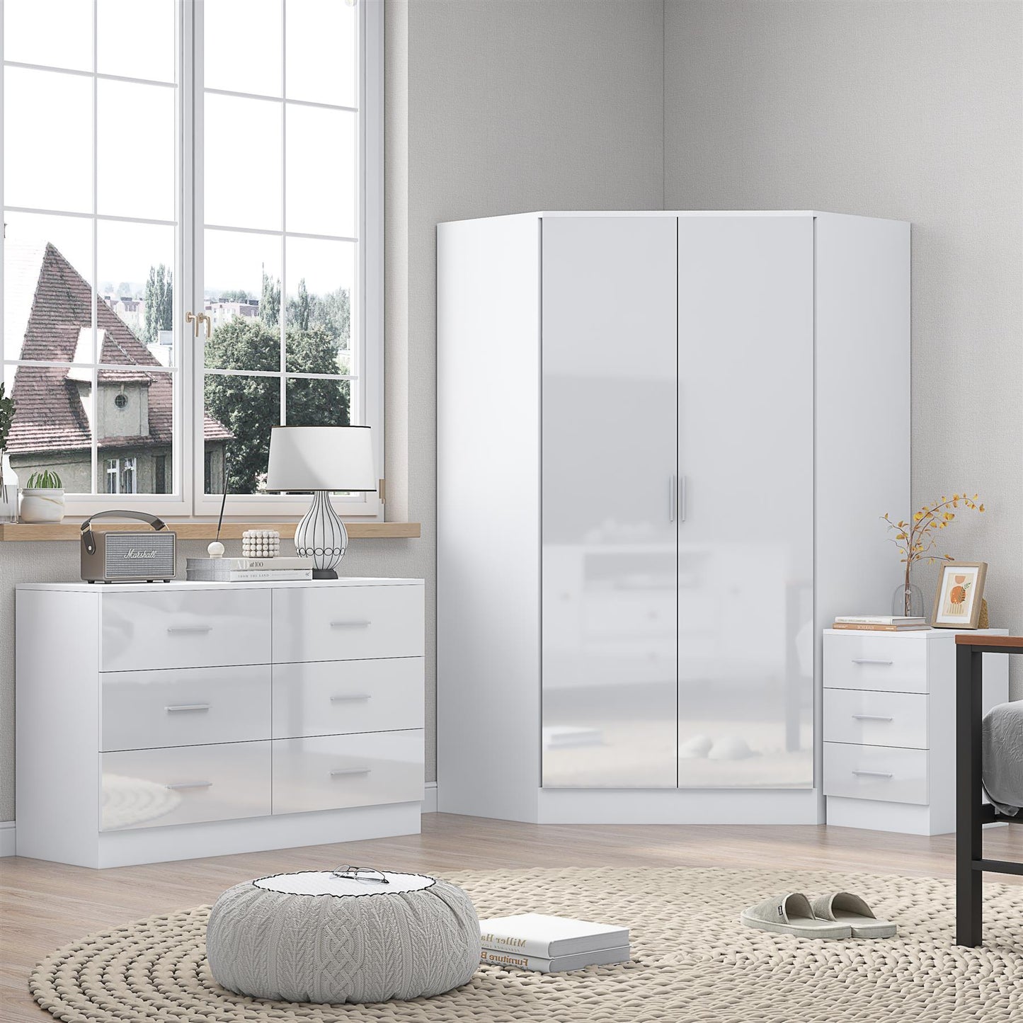 Reflect 2 Door Corner Wardrobe, 6 Drawer Chest, 3 Drawer Bedside - White Gloss & Matt White - Bedroom Furniture Set