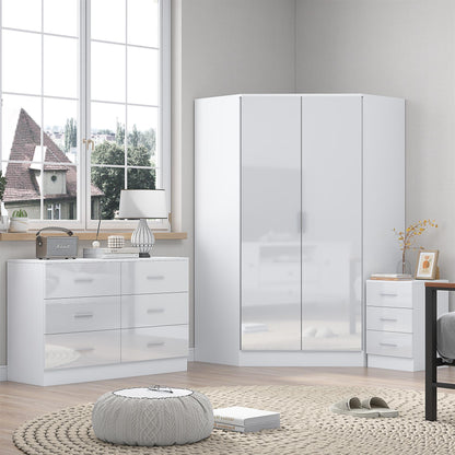 Reflect 2 Door Corner Wardrobe, 6 Drawer Chest, 3 Drawer Bedside - White Gloss & Matt White - Bedroom Furniture Set
