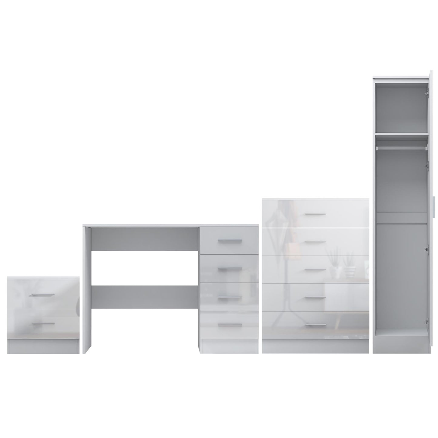 REFLECT Gloss 4pc Bedroom Set - 1 Door Wardrobe + 5 Draw Chest + Bedside + Desk