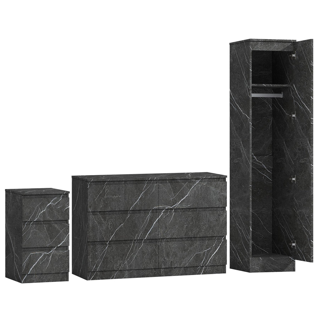 ZITA Grey Marble Effect 3 Piece Bedroom Set - 1-Door Wardrobe, Wide Chest & Bedside Table, Stylish Modern Bedroom Furniture