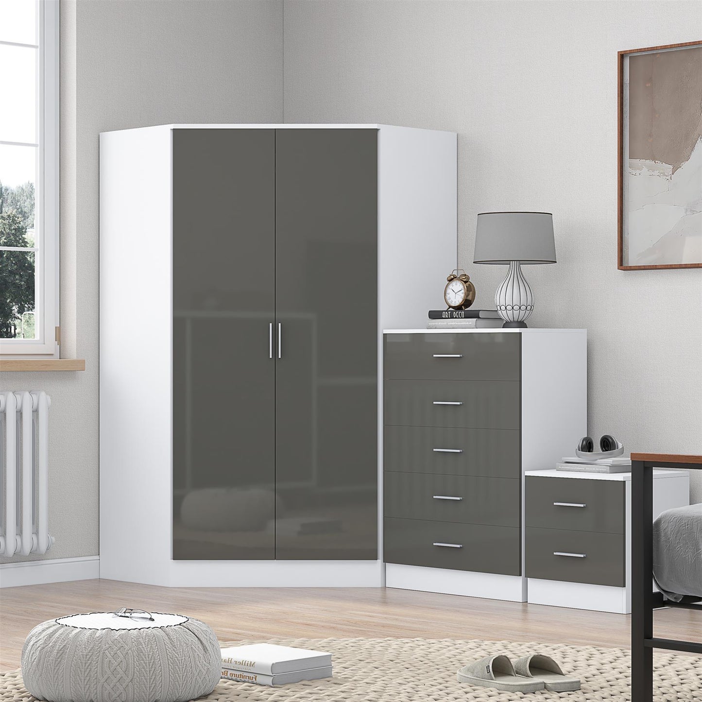 Reflect 2 Door Corner Wardrobe, 5 Drawer Chest, 2 Drawer Bedside - Grey Gloss & Matt White - Bedroom Furniture Set