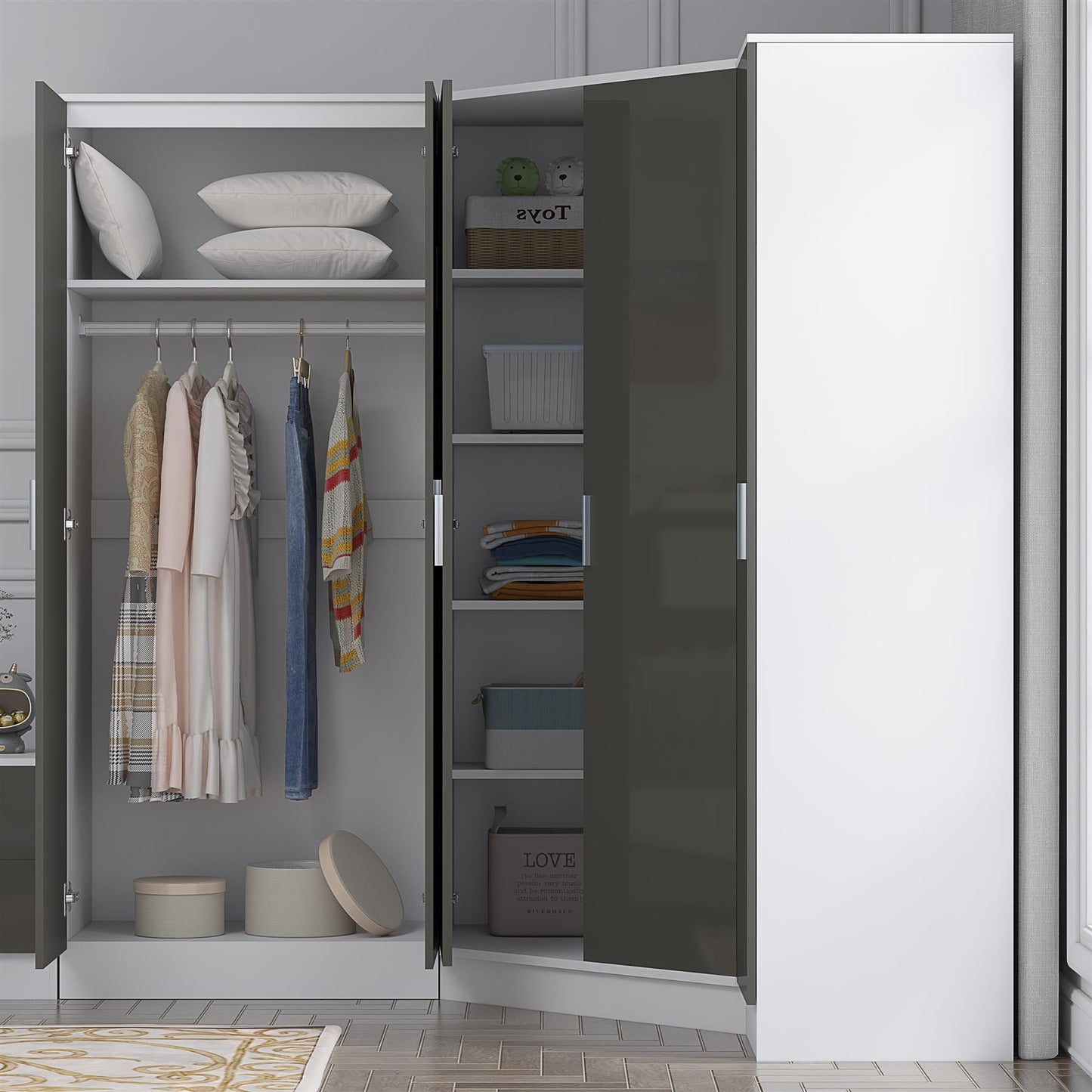 Reflect 3pc Wardrobe Bundle - 2 Door Corner + 2 Door Plain + 1 Door Plain - Grey Gloss & Matt White