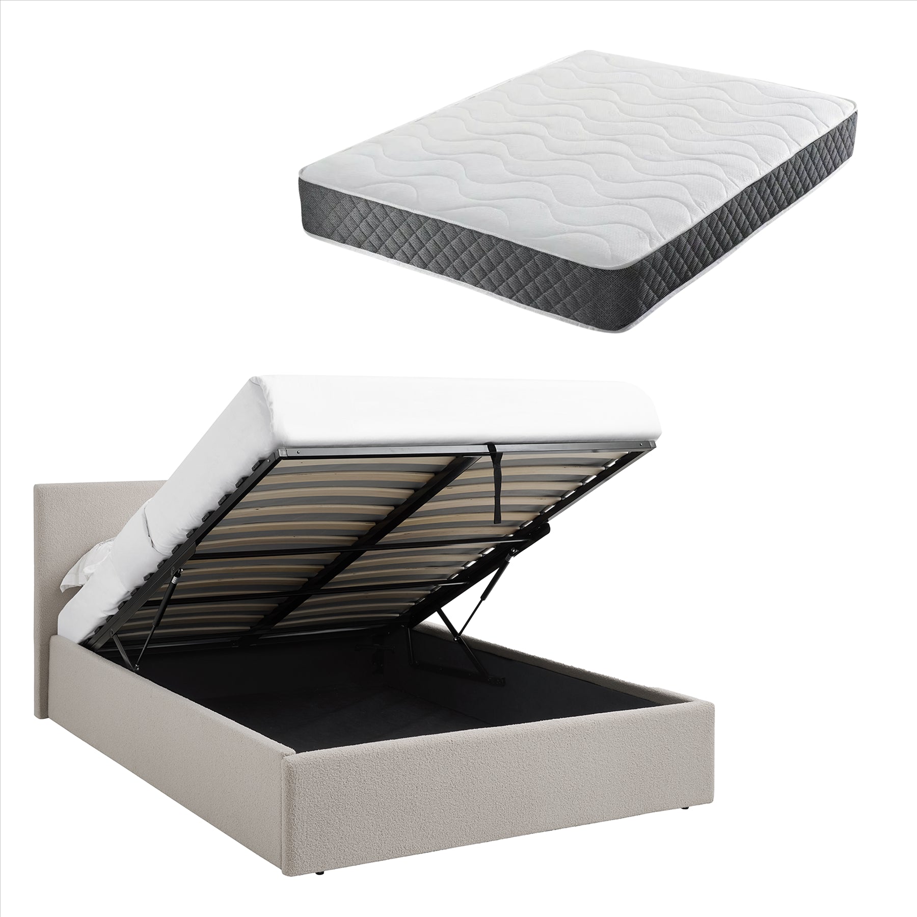 TEDDY BOUCLE 4FT6 Double Beige Ottoman Storage Bed Gas Lift Up with Memory Foam & Spring Mattress