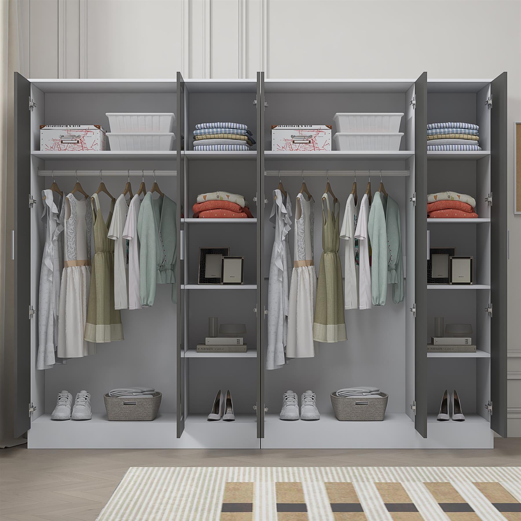 REFLECT - 3 Door MIRROR + 3 Door PLAIN Wardrobe - Gloss Grey / Matt White