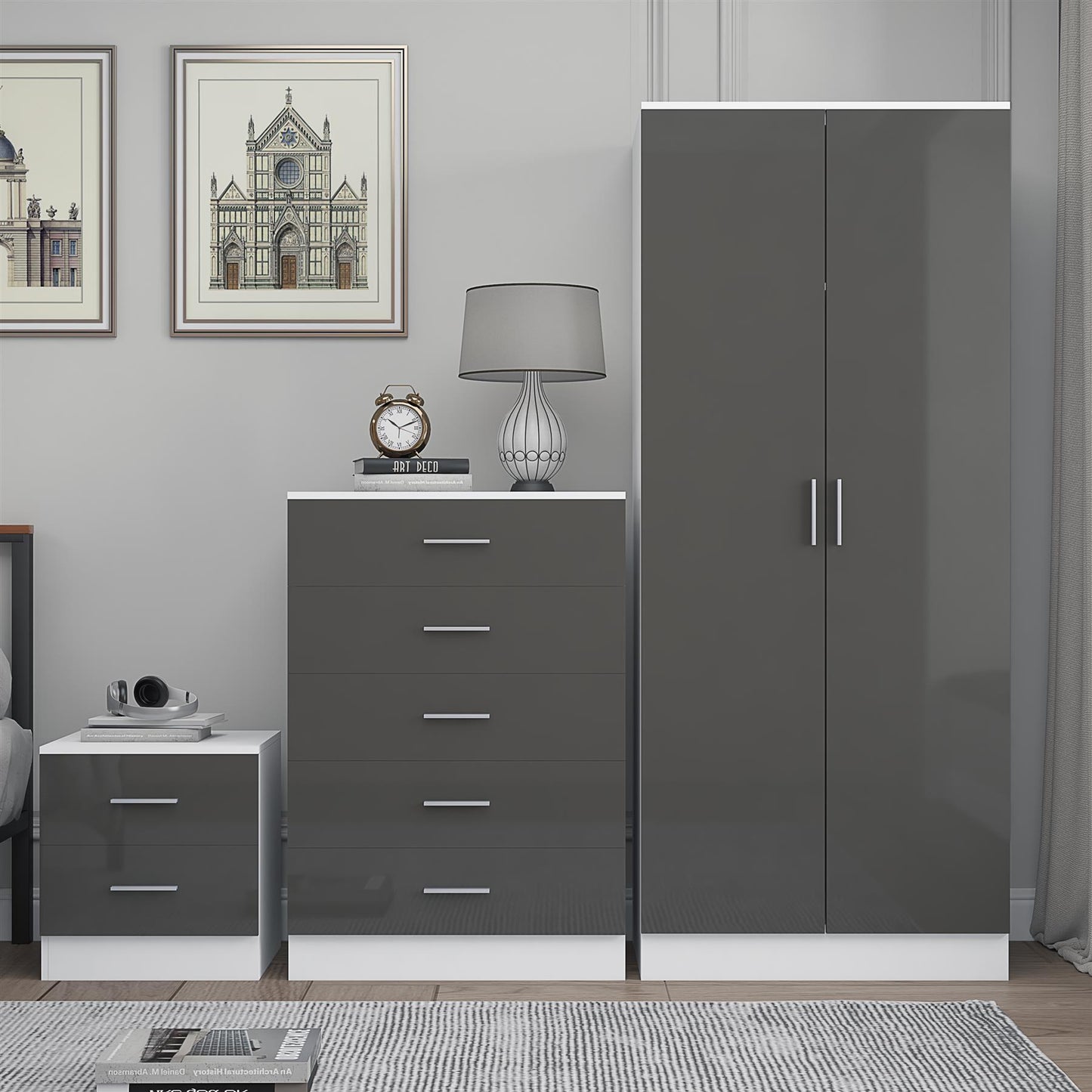 REFLECT Gloss 3pc Bedroom Set - 2 Door Wardrobe + 5 Draw Chest + Bedside