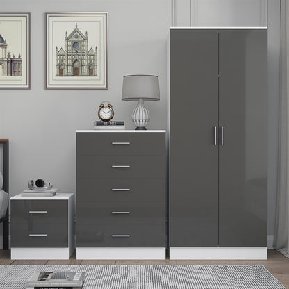 Reflect 2 Door Plain Wardrobe, 5 Drawer Chest, 2 Drawer Bedside - Grey Gloss & Matt White - Modern Bedroom Furniture Set