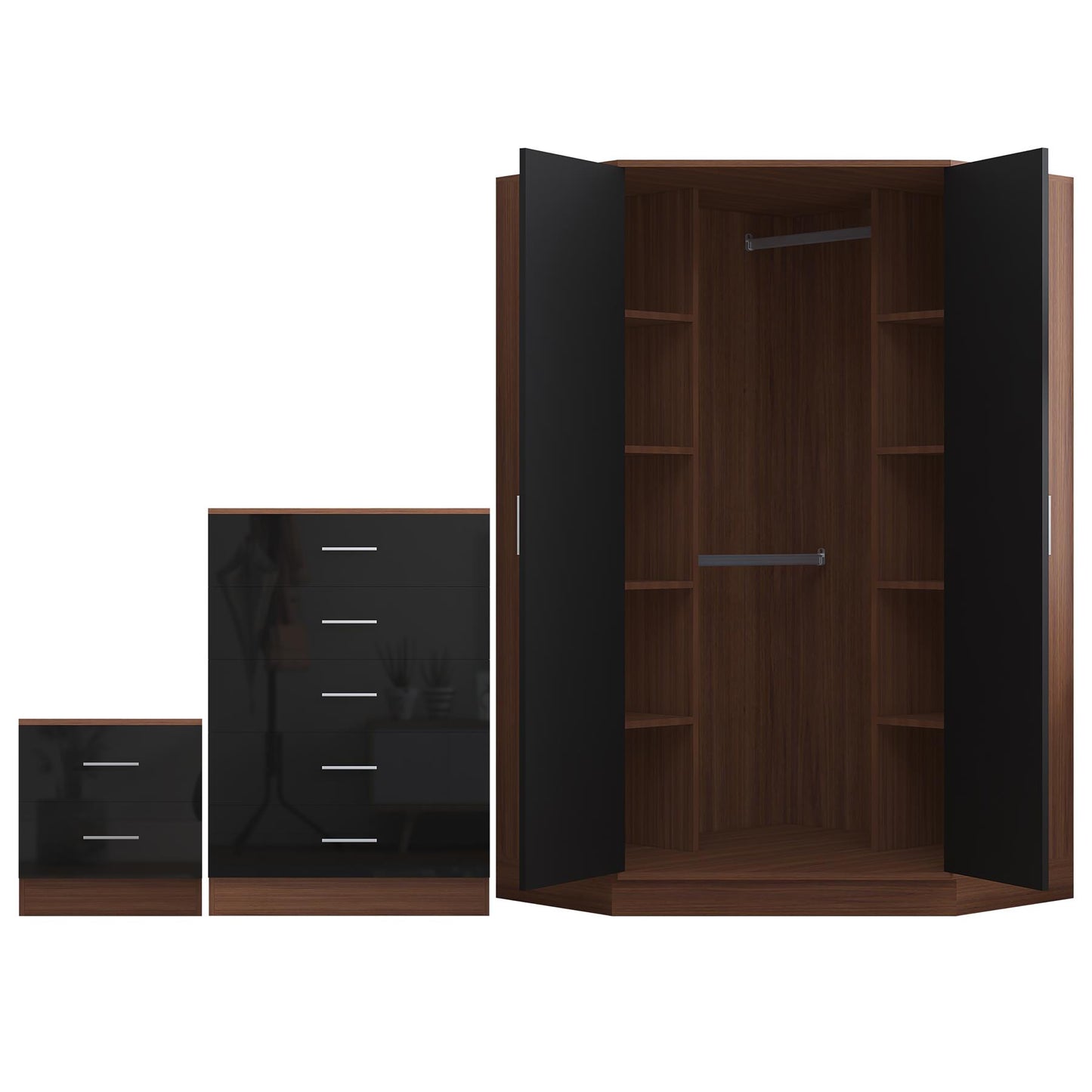 REFLECT Gloss 3pc Set - 2 Door Corner Wardrobe + 5 Draw Chest + Bedside