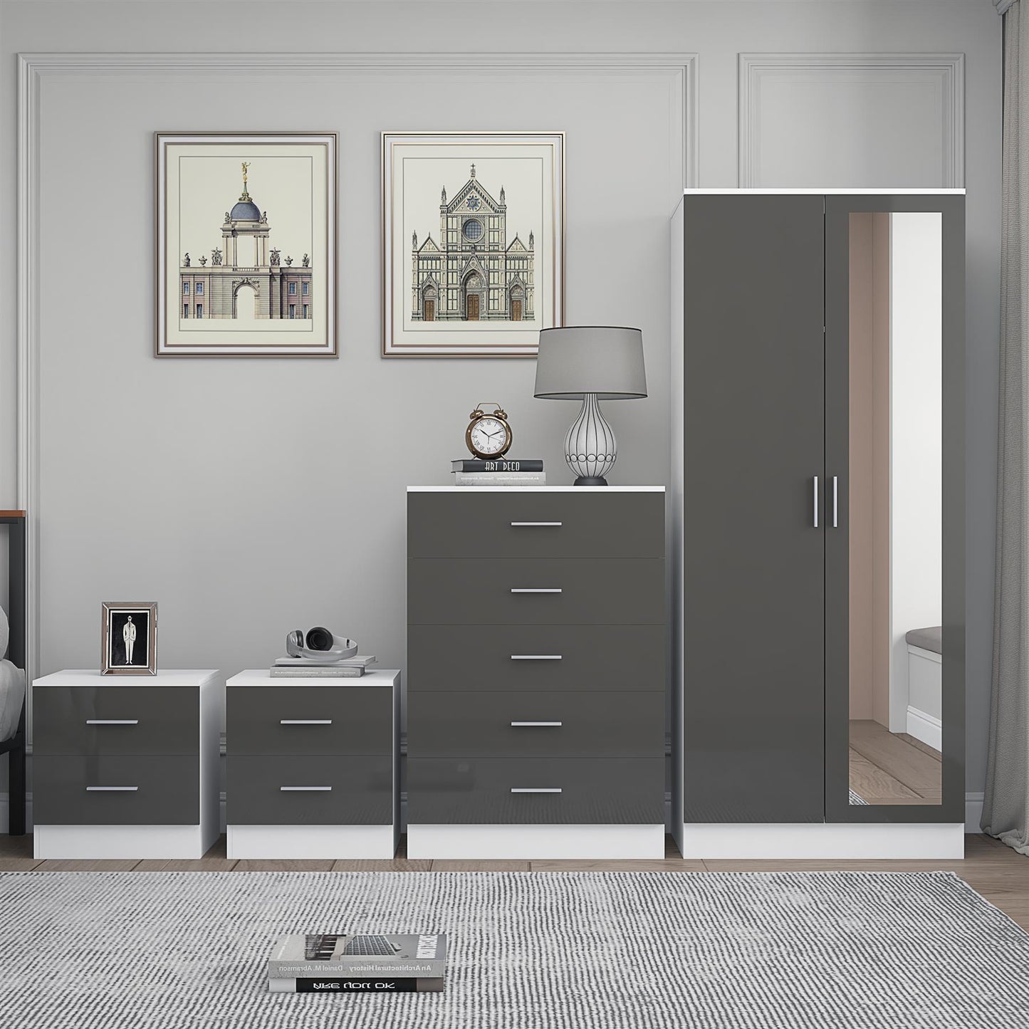 REFLECT Gloss 4pc Set - 2 Door Mirrored Wardrobe + 5 Draw Chest + 2 Bedsides