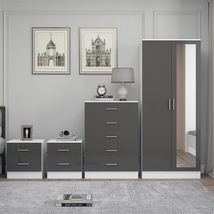 REFLECT Gloss 4pc Set - 2 Door Mirrored Wardrobe + 5 Draw Chest + 2 Bedsides