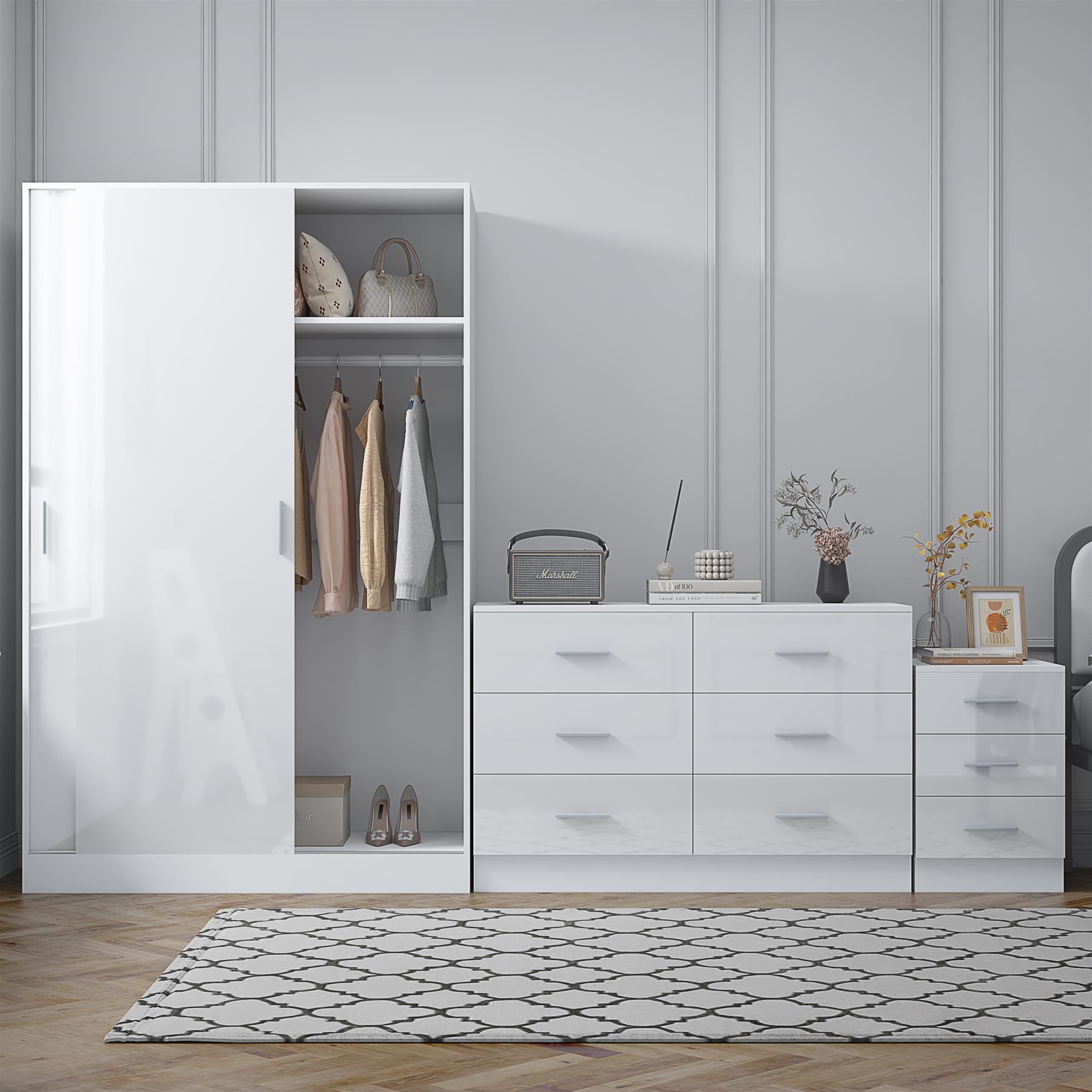 Reflect 2 Door Sliding Wardrobe, 6 Drawer Wide Chest, 3 Drawer Bedside - White Gloss & Matt White - Modern Bedroom Furniture Set