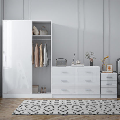 Reflect 2 Door Sliding Wardrobe, 6 Drawer Wide Chest, 3 Drawer Bedside - White Gloss & Matt White - Modern Bedroom Furniture Set