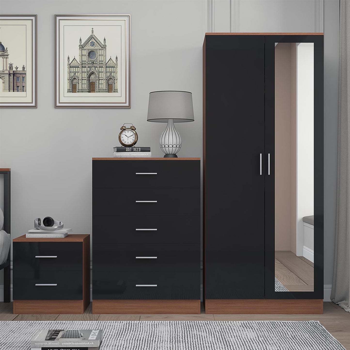 REFLECT Gloss 3pc Set - 2 Door Mirrored Wardrobe + 5 Draw Chest + Bedside