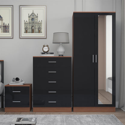 REFLECT Gloss 3pc Set - 2 Door Mirrored Wardrobe + 5 Draw Chest + Bedside