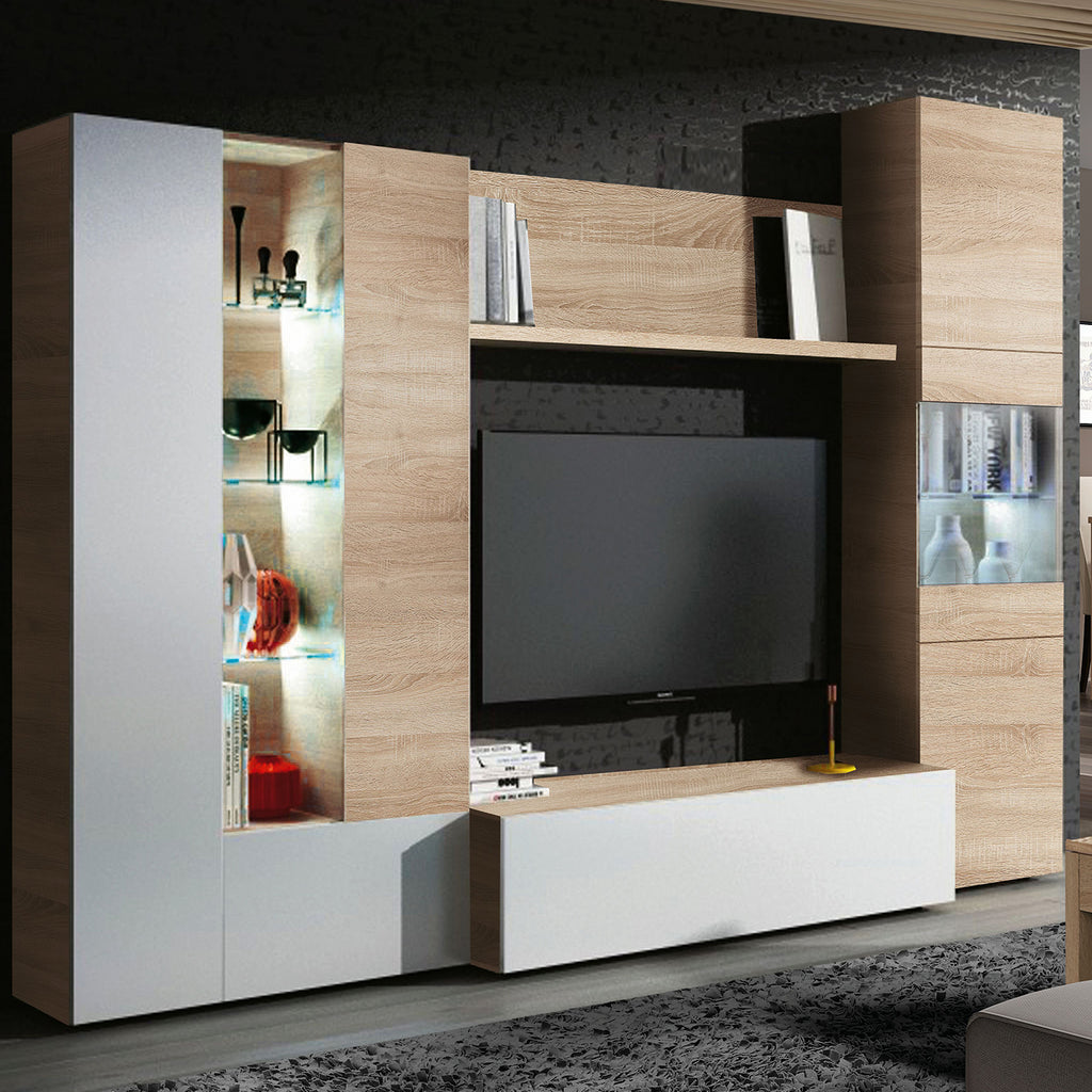 Modern Oak & White TV Unit with Glass Details and LED Lights- Media Storage for Living Rooms