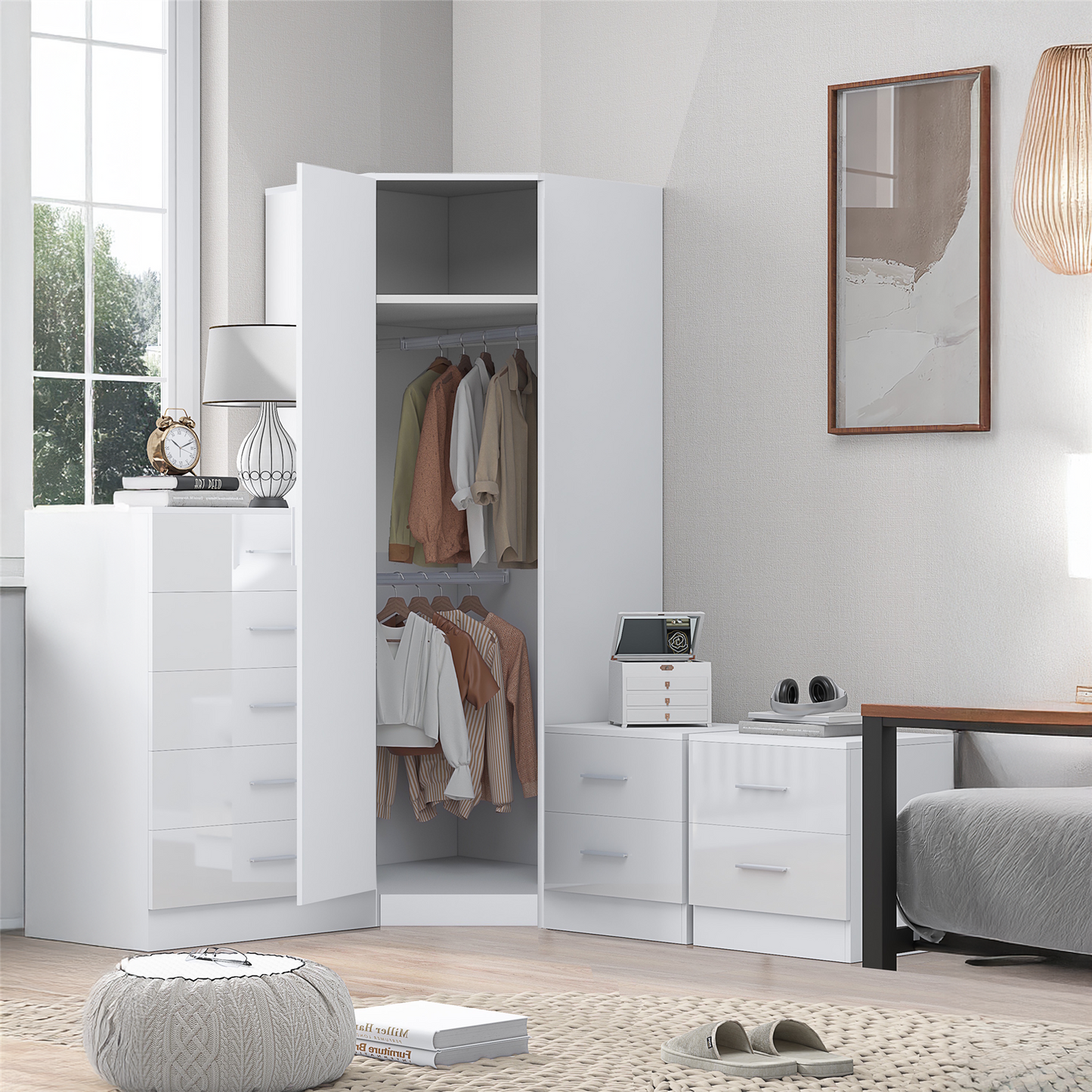 REFLECT - 1 Door Corner + 5 Drawer Chest + 2x 2 Drawer Bedside in Gloss White / Matt White