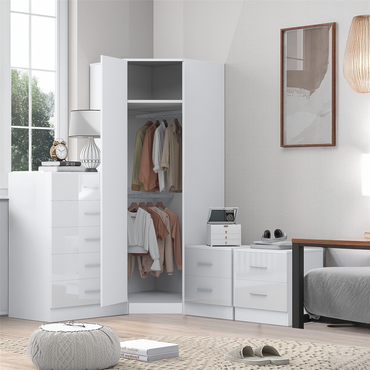 REFLECT - 1 Door Corner + 5 Drawer Chest + 2x 2 Drawer Bedside in Gloss White / Matt White