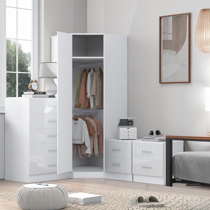 REFLECT - 1 Door Corner + 5 Drawer Chest + 2x 2 Drawer Bedside in Gloss White / Matt White