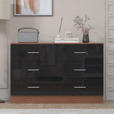 Reflect Wide 6 Drawer Chest - Black Gloss & Walnut - Modern Bedroom Storage Unit with Drawers