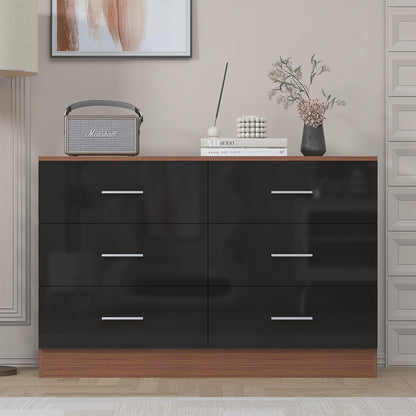 Reflect Wide 6 Drawer Chest - Black Gloss & Walnut - Modern Bedroom Storage Unit with Drawers
