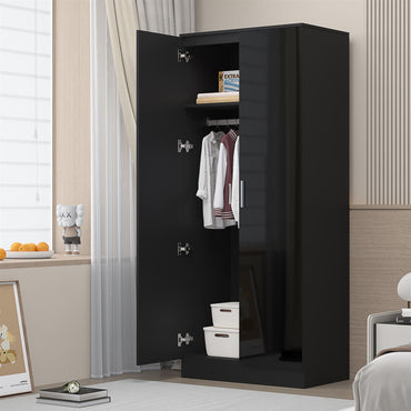 Reflect 2 Door Plain Wardrobe - Black Gloss & Black Oak - Hanging Rails & Shelves - Modern Sleek Design