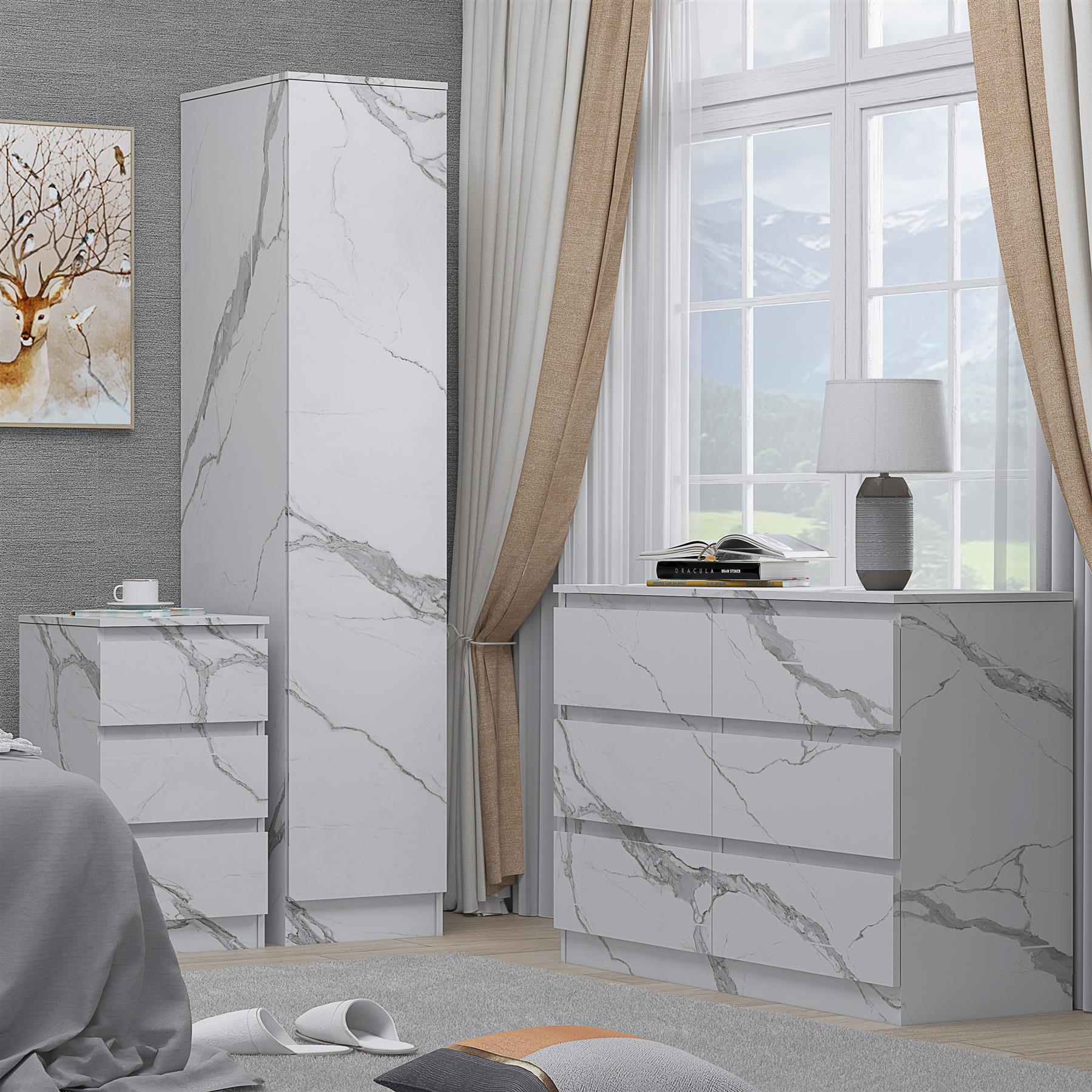 ZITA White Marble Effect 3 Piece Bedroom Set - 1-Door Wardrobe, Wide Chest & Bedside Table, Stylish Modern Bedroom Furniture