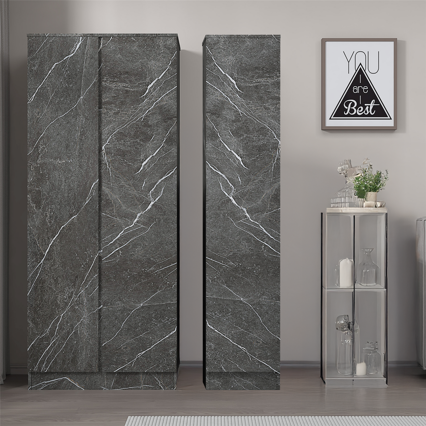 ZITA Grey Marble Effect 2 Piece Wardrobe Set - 2 Door and 1 Door, Spacious Bedroom Storage Solutions